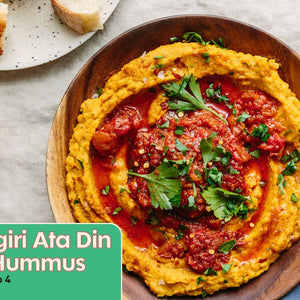 Hummus made from Egunsi Foods Gbegiri Soup with Egunsi Foods Ata Din Din Sauce swirled on top