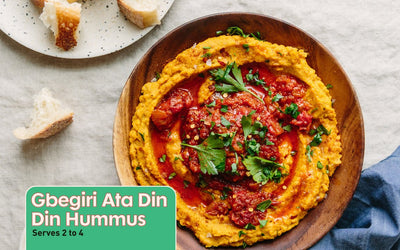 Hummus made from Egunsi Foods Gbegiri Soup with Egunsi Foods Ata Din Din Sauce swirled on top