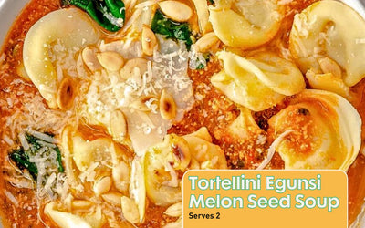 Tortellini in a bowl of soup made from Egunsi Foods Egunsi Melon Seed Soup